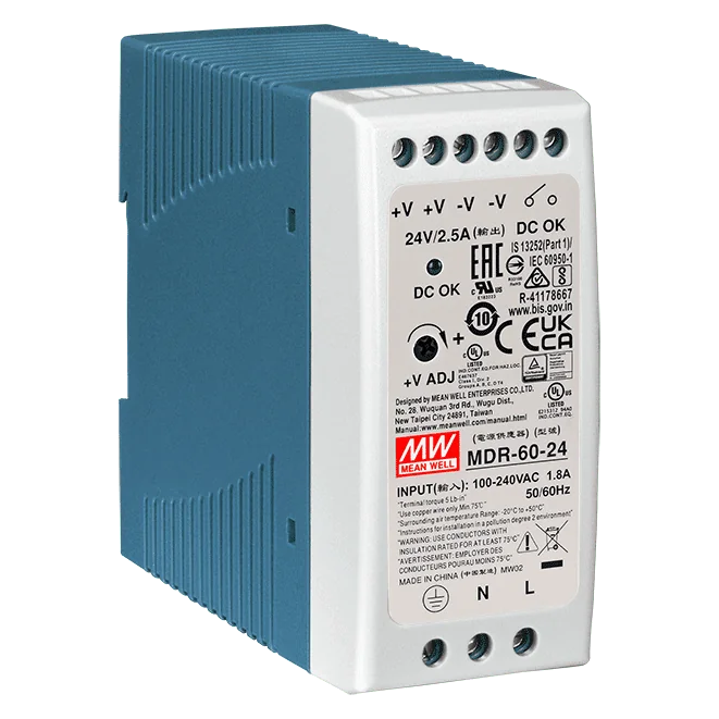 MDR-60-24 DIN-Rail Power Supply, 85~264 VAC to 24 VDC/2.5 A, 60 W