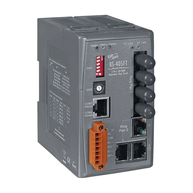 RS-405FT 5-Port Redundant Ring Switch, 3 x RJ-45, 2 x Multi-Mode ST Fibre