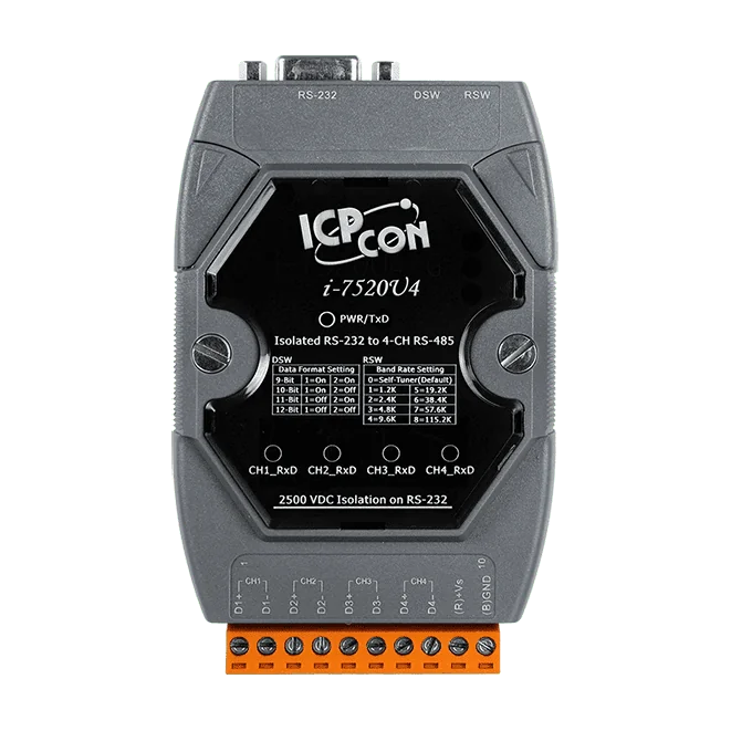 I-7520U4-G RS-232 to 4-ch RS-485 Active Star Wiring Hub, Isolated
