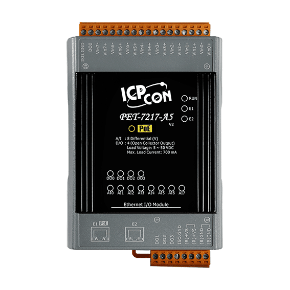 PET-7217-A5 PoE Ethernet I/O Module, 8-ch High-Voltage AI, 4-ch DO
