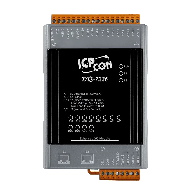 ETS-7226 Ethernet I/O Module, 6-ch AI, 2-ch AO, 2-ch DI/DO with 2-port Switch