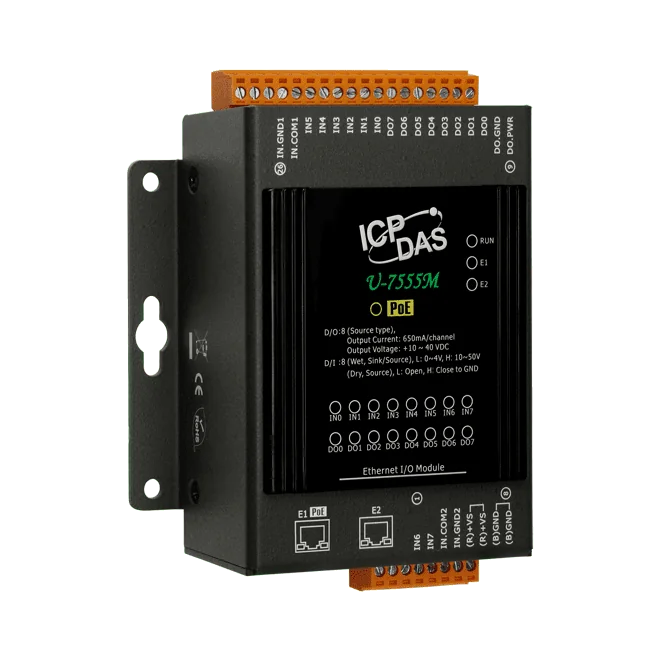 U-7555M OPC UA I/O Module, 8-ch DI, 8-ch DO and 2-port PoE Ethernet Switch