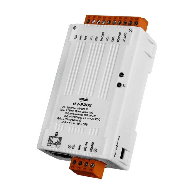 tET-P2C2 Tiny Ethernet I/O Module, 2-ch DI and 2-ch NPN Sink DO