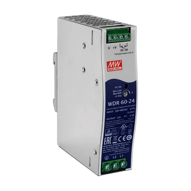 WDR-60-24 DIN-Rail Power Supply, 180~550 VAC to 24 VDC/2.5 A, 60 W