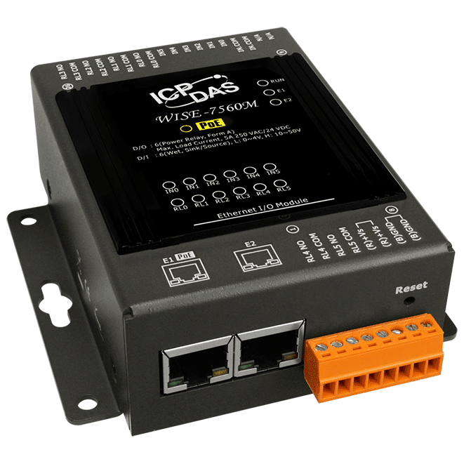 WISE-7560M MQTT I/O Module with PoE, 6-ch DI, 6-ch Power Relay, 2-port Switch