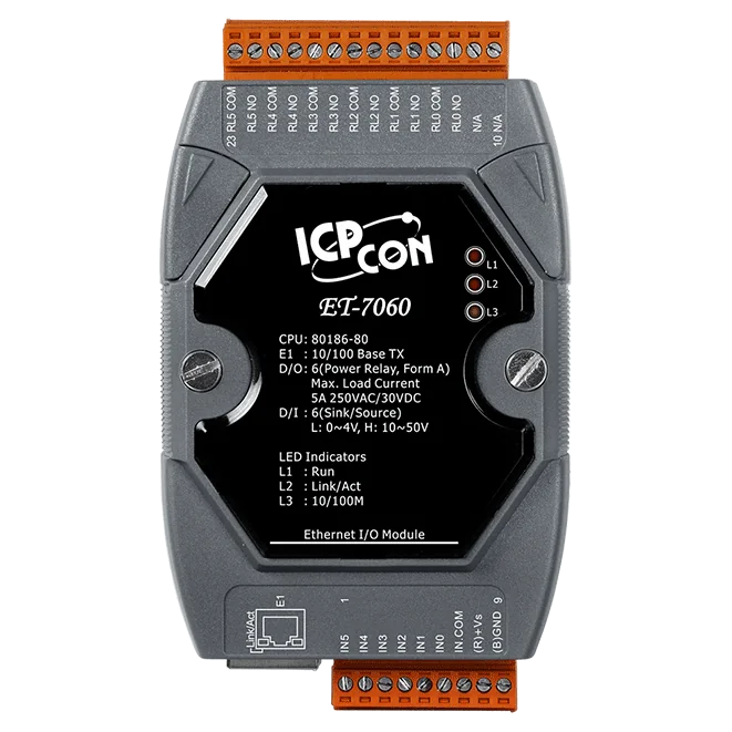 ET-7060 Ethernet I/O Module, 6-ch DI and 6-ch Power Relay