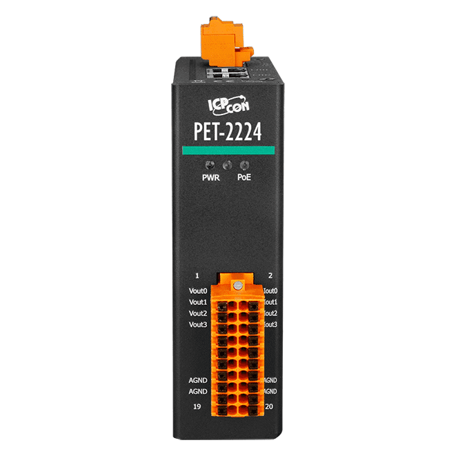 PET-2224 PoE I/O Module, 4-ch Analog Output, 2-port Ethernet Switch
