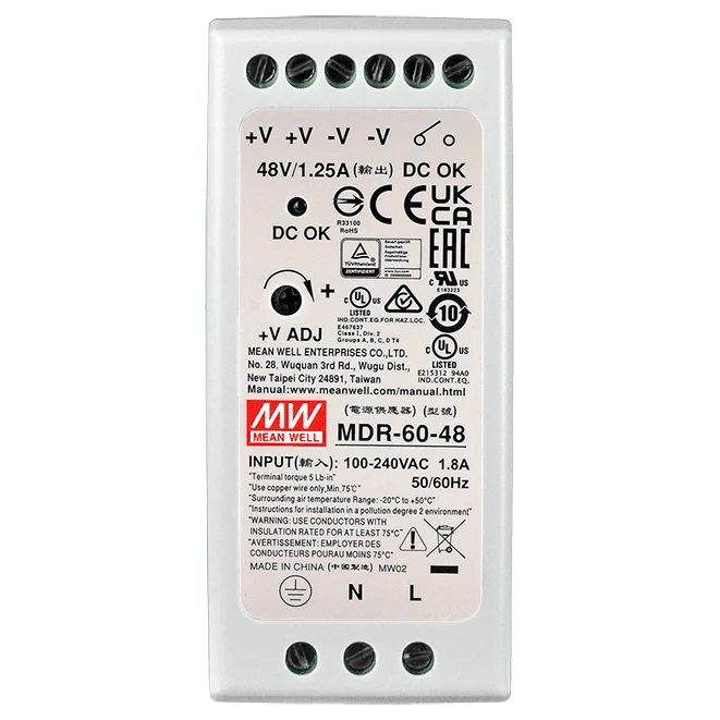 MDR-60-48 DIN-Rail Power Supply, 85~264 VAC to 48 VDC/1.25 A, 60 W