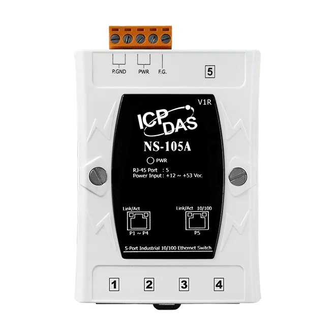 NS-105A Unmanaged 5-Port Industrial Ethernet Switch, +12 to +53 VDC Input