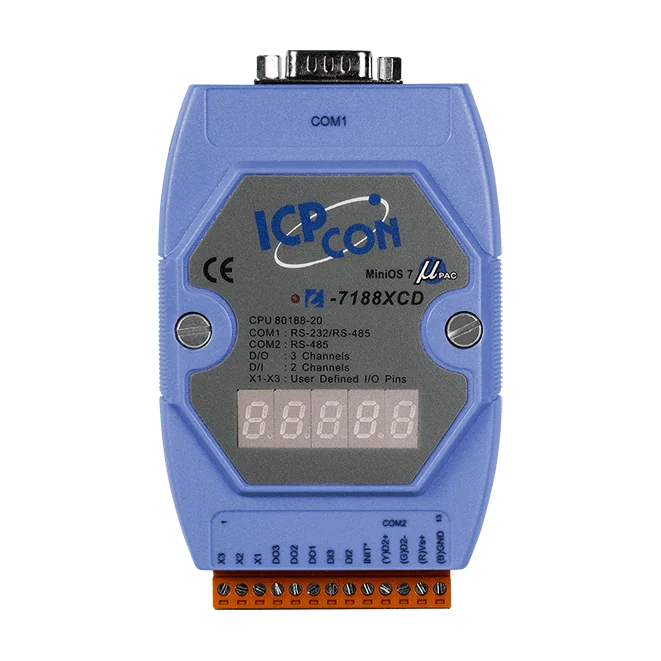 I-7188XCD/512/RTC Ethernet PAC with 80188-20 CPU, MiniOS7, 512KB SRAM, RTC, 2 Serial Ports, 2 DI, 3 DO and 1 I/O Bus