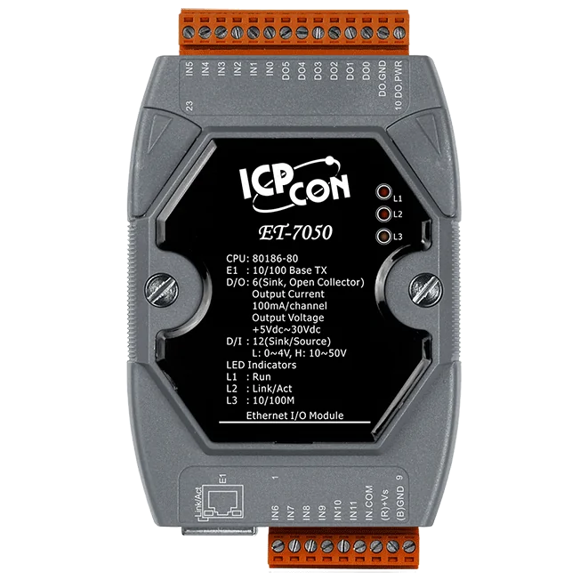 ET-7050 Ethernet I/O Module, 12-ch DI and 6-ch DO with Modbus TCP