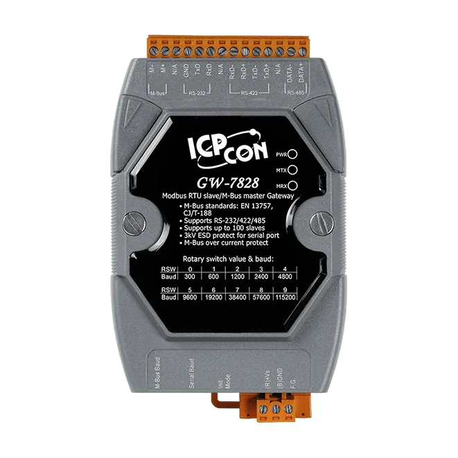 GW-7828 Modbus RTU to M-Bus Gateway, Up to 100 M-Bus Slaves