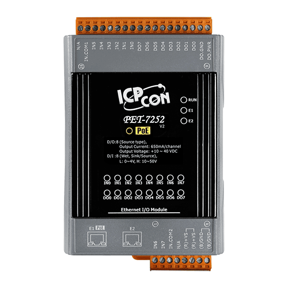 PET-7252 PoE Ethernet I/O Module, 8-ch DI / 8-ch DO, 2-port Switch
