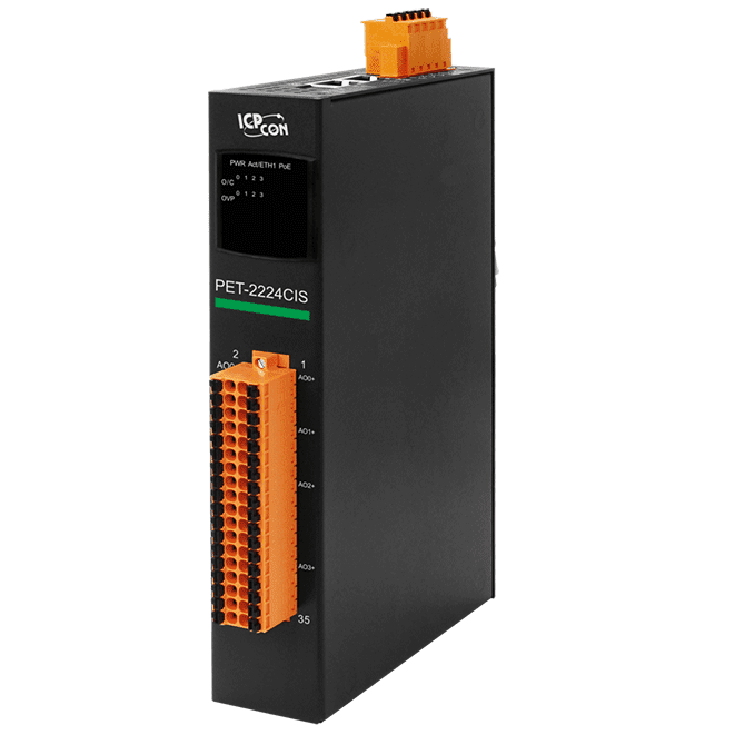 PET-2224CIS PoE I/O Module, 4-ch Analog Output with 2-port Ethernet Switch