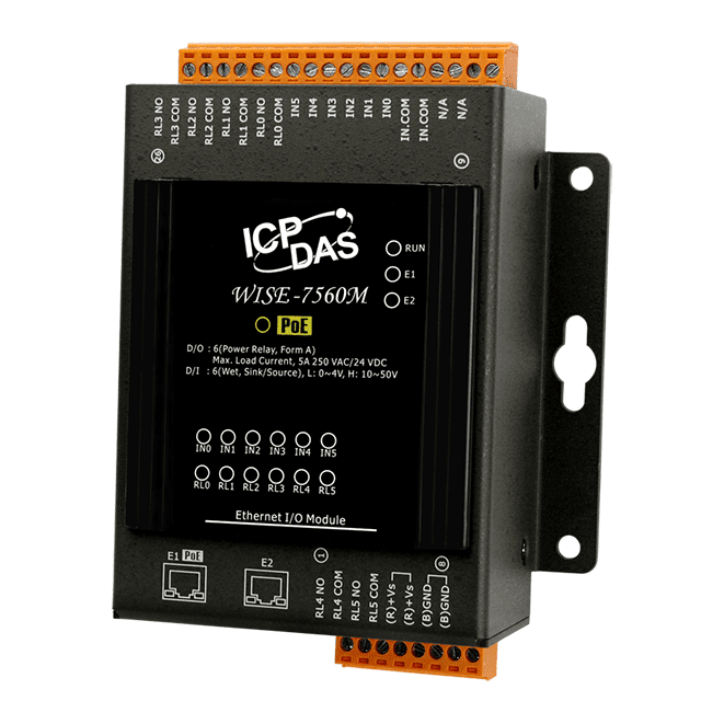 WISE-7560M MQTT I/O Module with PoE, 6-ch DI, 6-ch Power Relay, 2-port Switch