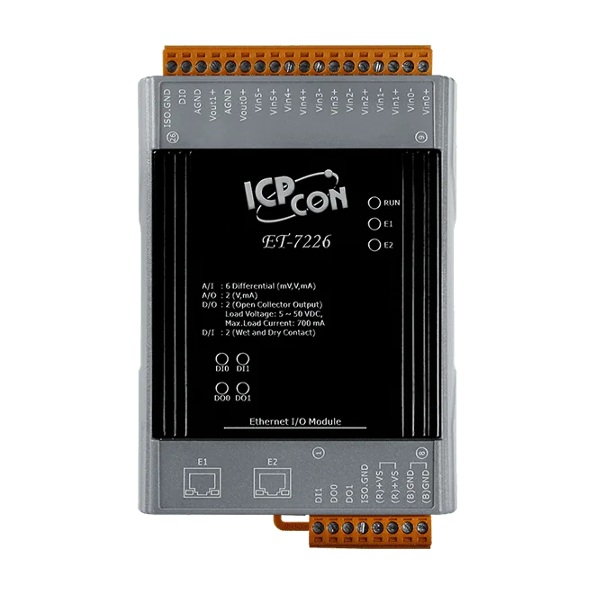 ET-7226 Ethernet I/O Module with 2-port Switch, 6-ch AI, 2-ch AO, 2-ch DI/DO