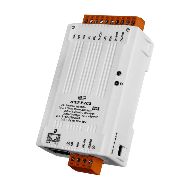 tPET-P2C2 PoE Ethernet I/O Module, 2-ch DI / 2-ch DO Sink