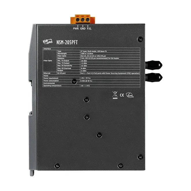 NSM-205PFT Unmanaged PoE Fiber Switch, 4 x RJ-45 PSE + 1 x 100Base-FX ST
