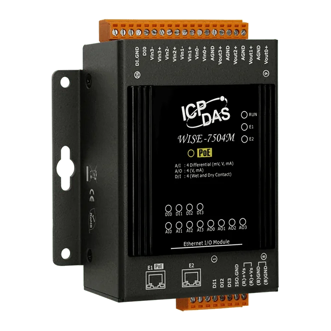 WISE-7504M Intelligent MQTT I/O Module, 4-ch AI, 4-ch AO, 4-ch DI, PoE