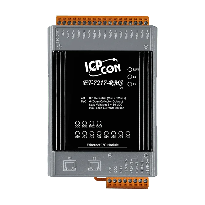 ET-7217RMS Ethernet I/O Module, 8-ch True RMS AI, 4-ch DO, 2-port Switch
