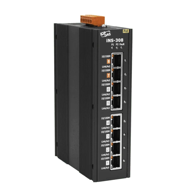 iNS-308 8-Port PoE IoT Switch, 10/100 Mbps PSE with Modbus and MQTT