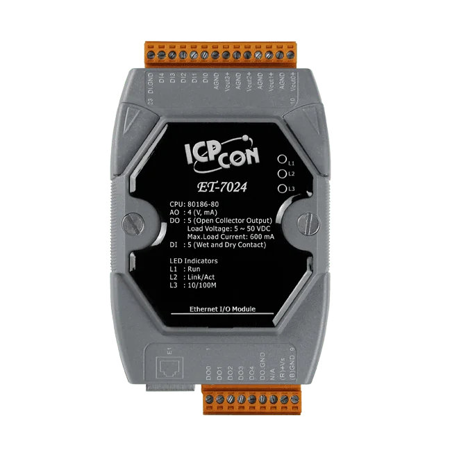 ET-7024 Ethernet I/O Module, 4-ch Analog Output, 5-ch DI, 5-ch DO