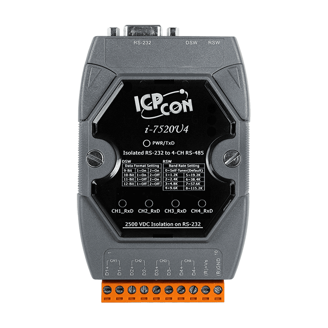I-7520U4-G RS-232 to 4-ch RS-485 Active Star Wiring Hub, Isolated