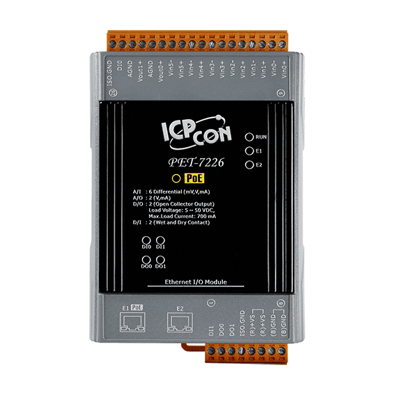 PET-7226 PoE Ethernet I/O Module, 6-ch AI, 2-ch AO, 2-ch DI, 2-ch DO