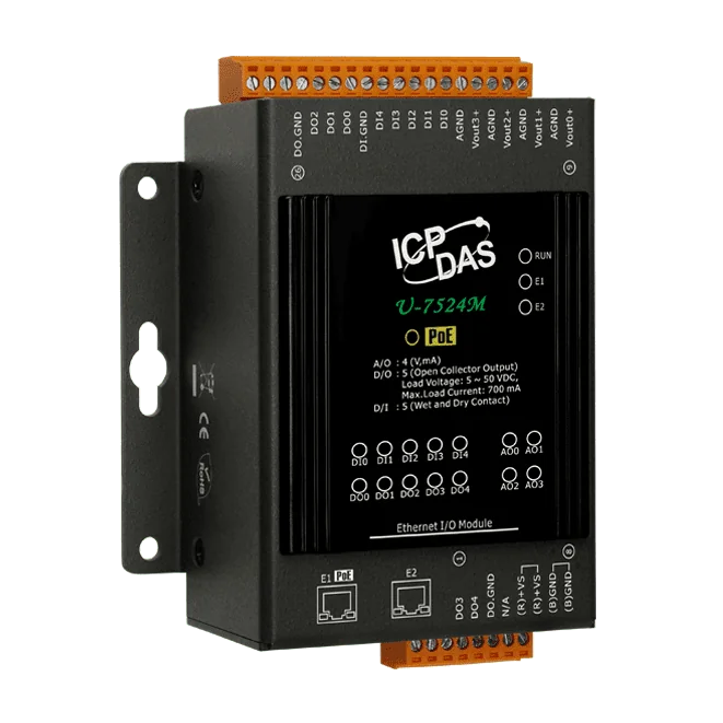 U-7524M OPC UA I/O Module, 4-ch AO, 5-ch DI, 5-ch DO with PoE Switch