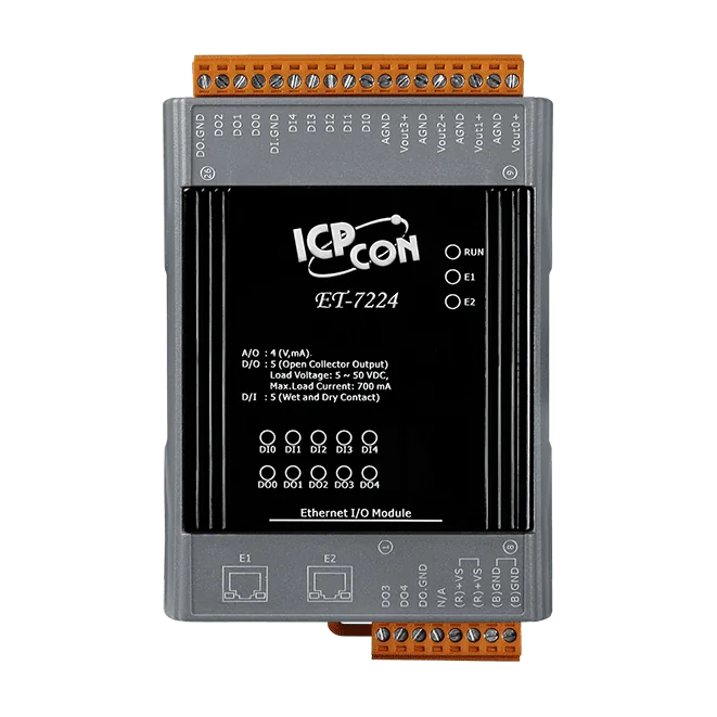 ET-7224 Ethernet I/O Module, 4-ch AO, 5-ch DI, 5-ch DO with 2-port Switch