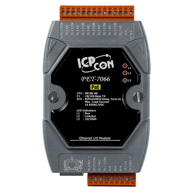 PET-7066 PoE Ethernet I/O Module, 8-ch PhotoMOS Relay Output