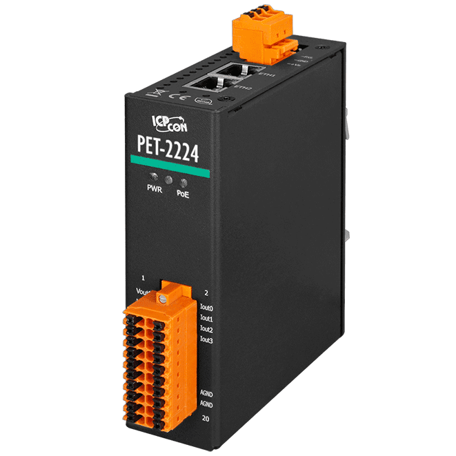 PET-2224 PoE I/O Module, 4-ch Analog Output, 2-port Ethernet Switch
