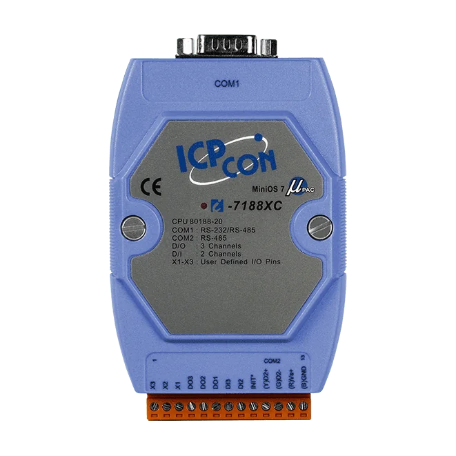 I-7188XC/512/RTC Ethernet PAC with 80188-20 CPU, MiniOS7, 512KB SRAM, RTC, 2 Serial Ports, 2 DI, 3 DO and 1 I/O Bus and