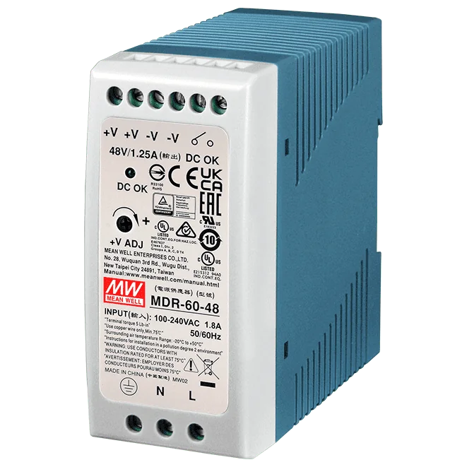 MDR-60-48 DIN-Rail Power Supply, 85~264 VAC to 48 VDC/1.25 A, 60 W