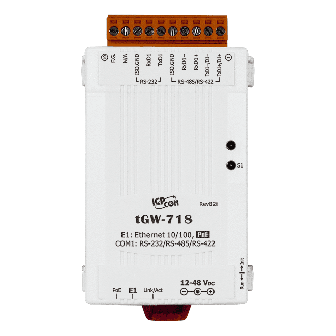 tGW-718 Modbus TCP to RTU/ASCII Gateway with PoE, 1x RS-232/422/485
