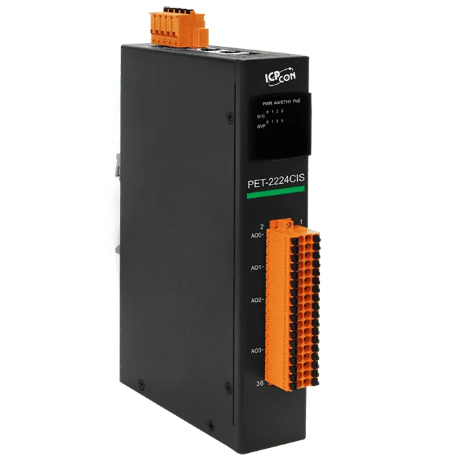 PET-2224CIS PoE I/O Module, 4-ch Analog Output with 2-port Ethernet Switch