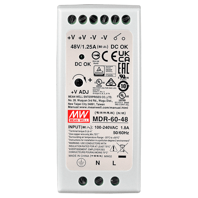 MDR-60-48 DIN-Rail Power Supply, 85~264 VAC to 48 VDC/1.25 A, 60 W